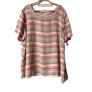 TALBOTS 100% Linen Blouse Size 3X Striped Tie  Sleeve Square Neck Top